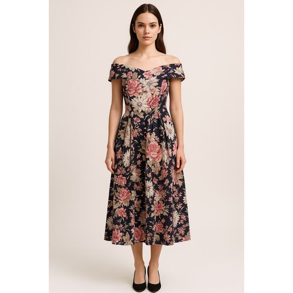 1990s Laura Ashley Floral Off-Shoulder Open Back Fit Flare Maxi navy Dress small - Picture 1 of 14